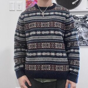 Vintage Crown & Ivy Fair Isle Knit Sweater Size L Navy Multicolor Cozy Grandpa